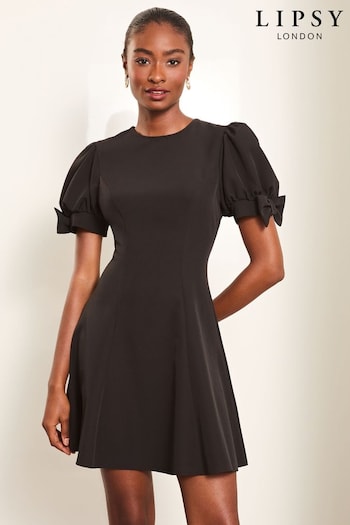 Lipsy Black Bow Detail Puff Sleeve Skater Mini Dress (E04622) | £48