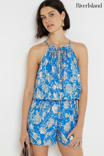 River Island Blue Halter Playsuit (E05017) | £50