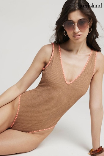 River Island Brown Textured Whipstitch Swimsuit (E05029) | £35