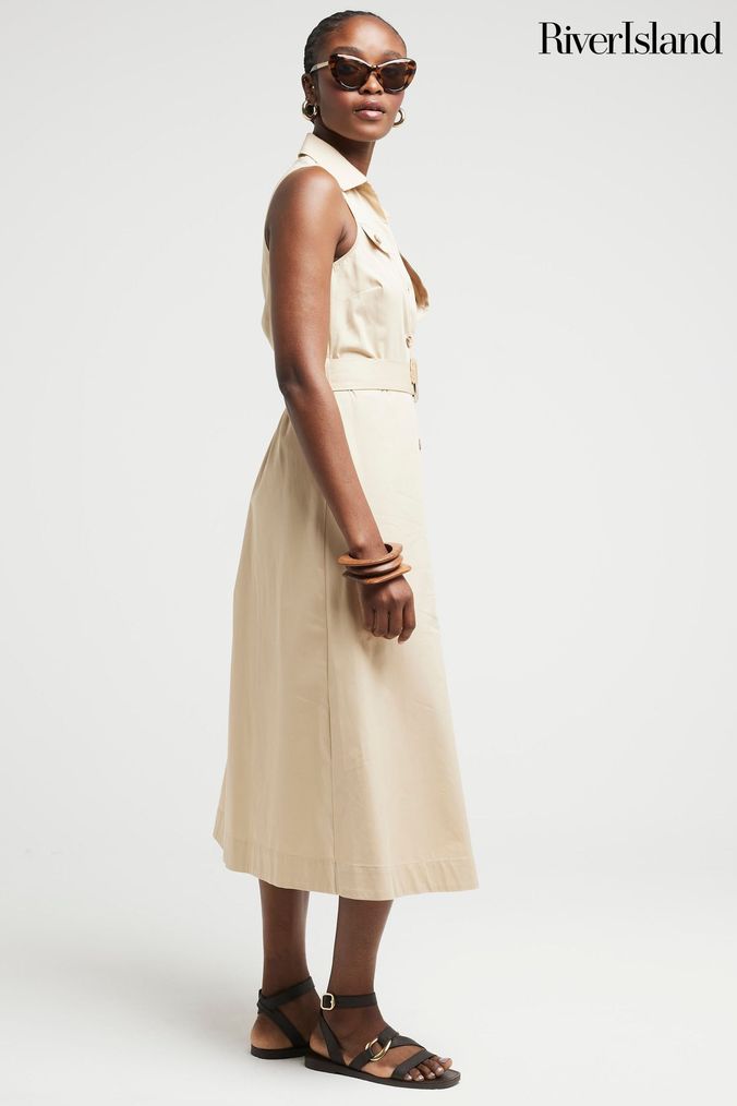 Beige belted dress best sale