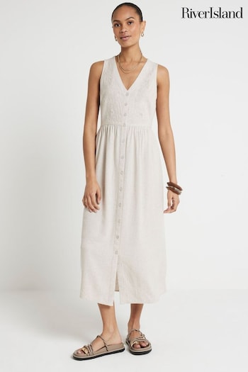 River Island Brown Linen Cutwork Midi Dress High (E05115) | £45