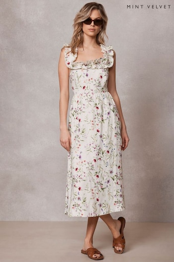 Mint Velvet Cream Linen Floral Midi Dress (E05179) | £169