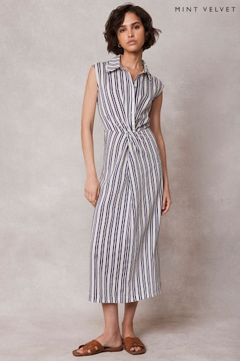 Mint Velvet White Striped Twist Midi Dress (E05183) | £129