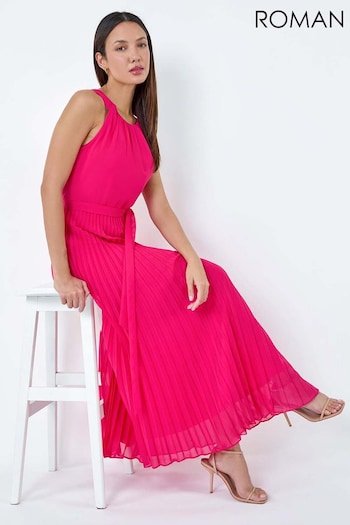 Roman Pink Pleated Halter Neck Maxi Dress (E05277) | £70