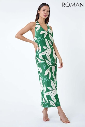 Roman Green Floral Print Satin Bias Cut Dress (E05282) | £50
