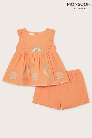 Monsoon Orange ruckus Sealife Embroidered Top & Shorts Set (E05366) | £28 - £32