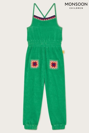 Monsoon Green Crochet Trim Towelling Jumpsuit (E05395) | £30 - £34