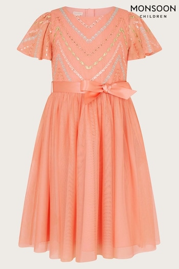 Monsoon Orange Chevron Flower Tulle Dress (E05400) | £52 - £62