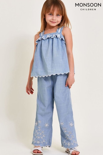 Monsoon Blue Broderie Wide Leg vented Trousers (E05409) | £26 - £30