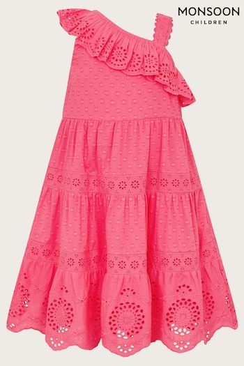 Monsoon Pink One-Shoulder Broderie Dress (E05432) | £30 - £35
