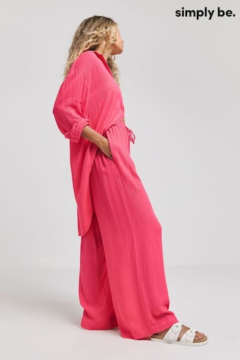 Simply Be Pink Tie Waist Crinkle Wide Leg Trousers (E05579) | £30
