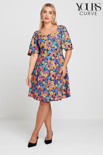 Yours Curve Black LIMITED COLLECTION  Floral Print Angel Sleeve Mini Dress (E05770) | £39