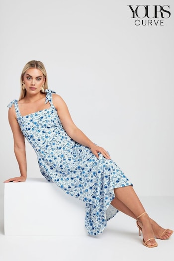 Yours Curve White LIMITED COLLECTION Curve Blue Floral Print Bow Strap Midaxi Dress (E05772) | £41