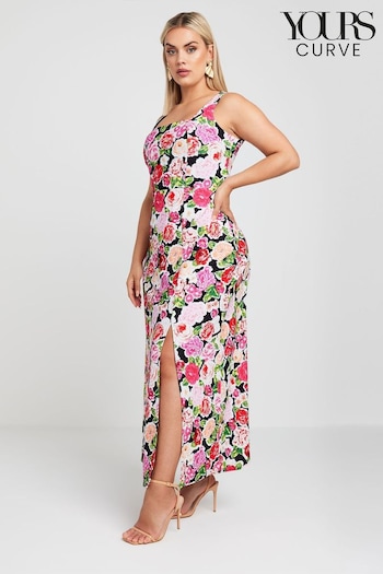 Yours Curve Black LIMITED COLLECTION Curve Pink Floral Print Square Neck Maxi Dress (E05786) | £41
