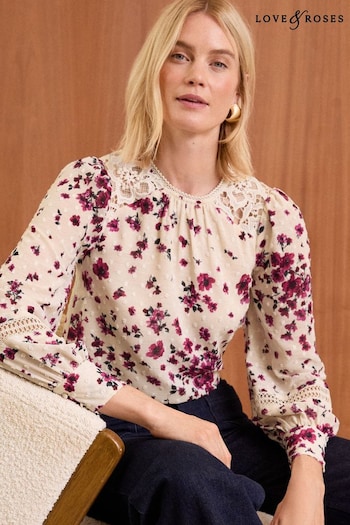 Love & Roses Floral Printed Dobby Lace Trim Blouse (E05974) | £39