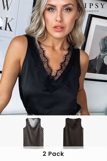 Lipsy Black/ Black and White Spot Multipack V Neck Lace Trim Vest (E06034) | £54