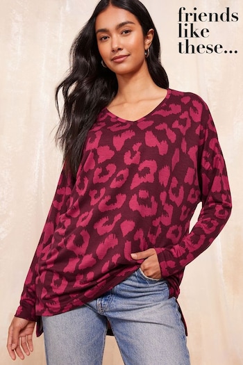 Friends Like These Red Animal Soft Jersey V Neck Long Sleeve Tunic Top (E06078) | £26