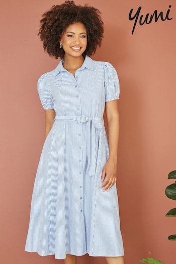 Yumi Blue Cotton Striped Midi Kun Shirt Dress (E06138) | £60