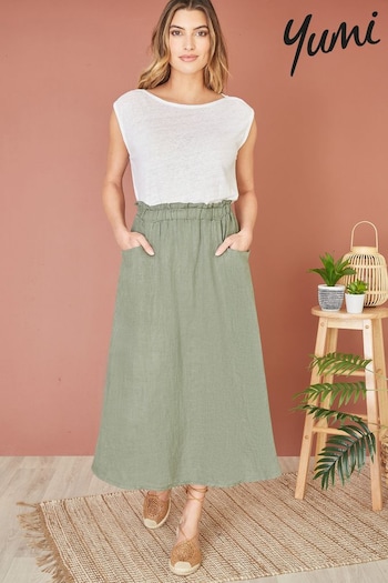 Yumi Green Italian Linen Midi Skirt With Pockets (E06139) | £45
