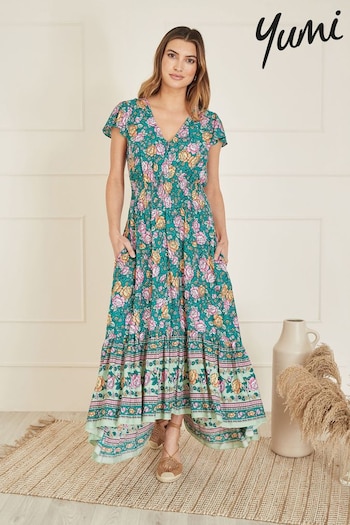 Yumi Green Festival Floral Print Ruched Waist Maxi Dress Iuga (E06142) | £55
