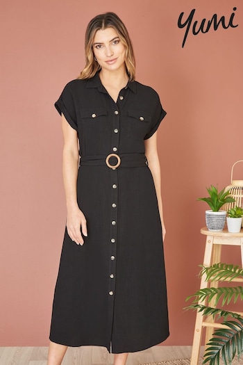Yumi Black Viscose Linen Look Midi Shirt Dress With Wooden Belt (E06145) | £55