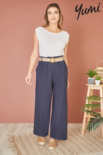 Yumi Blue Italian Linen Wide Leg Trousers With Belt (E06149) | £45