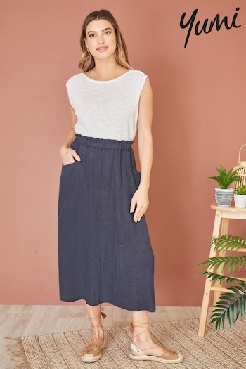 Yumi Blue Italian Linen Midi Skirt With Pockets (E06153) | £45