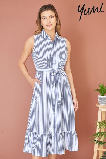 Yumi Blue Striped Sleeveless Midi Shirt Dress (E06155) | £58