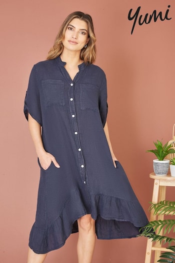Yumi Blue Italian Linen mulher Shirt Dress With Frill Hem (E06157) | £65