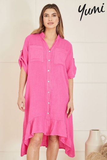 Yumi Pink Italian Linen mulher Shirt Dress With Frill Hem (E06158) | £65