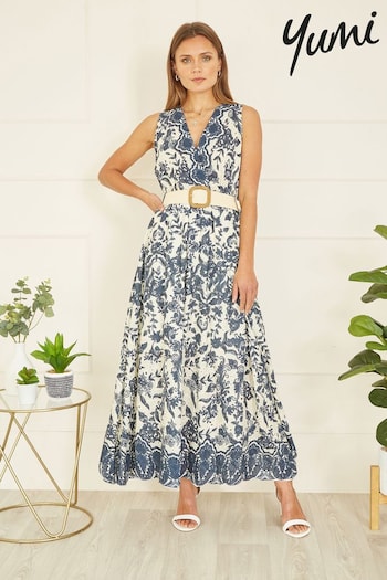 Yumi Blue Floral Border Print Broderie Anglaise Cotton Midi Dress (E06159) | £75