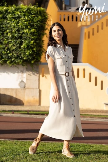 Yumi Natural Viscose Linen Look Midi mulher Shirt Dress With Wooden Belt (E06161) | £55