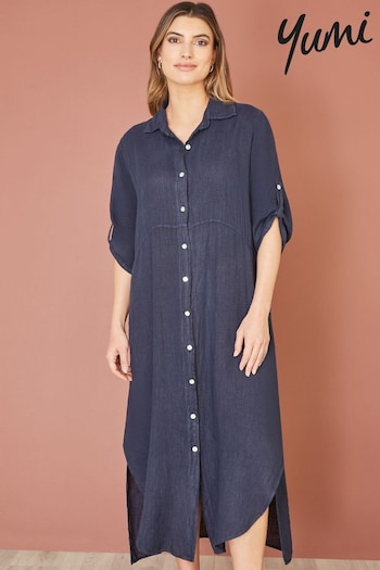 Yumi Blue Italian Linen Relaxed Midi Shirt Dress With Turn up Sleeves (E06163) | £75