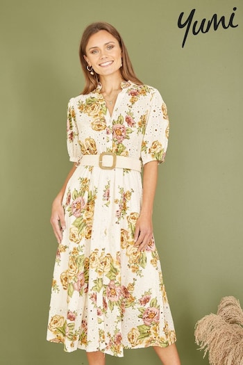 Yumi White Floral Print Broderie Anglaise Cotton Midi Shirt Dress With Matching Belt (E06164) | £75