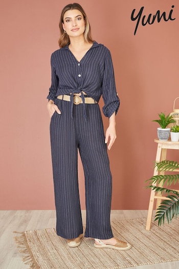 Yumi Blue Italian Linen Wide Leg Trousers With Belt (E06166) | £45