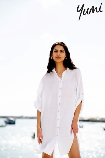 Yumi White Relaxed Fit Linen Longline Shirt (E06169) | £55