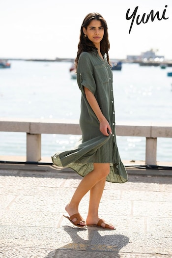 Yumi Green Italian Linen mulher Shirt Dress With Frill Hem (E06170) | £65