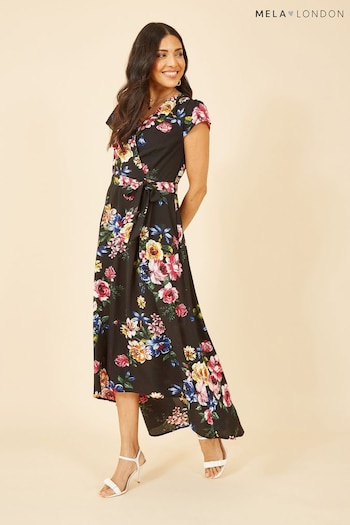 Mela Black Floral Wrap Over Dipped Hem Midi Dress panels (E06179) | £45
