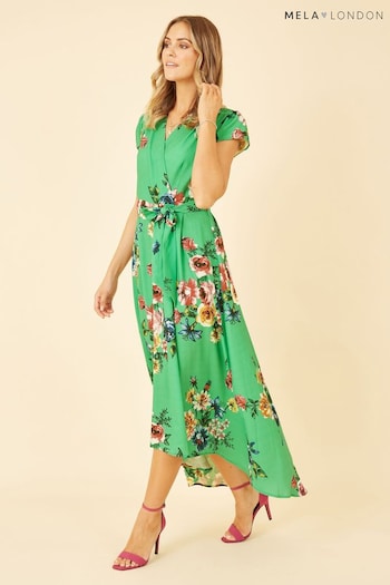 Mela Green Floral Wrap Over Dipped Hem Midi Dress panels (E06183) | £45