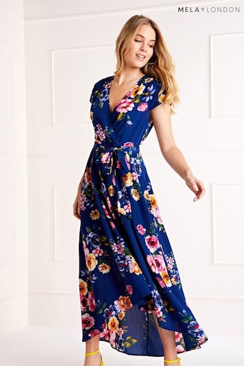 Mela Blue Floral Wrap Over Dipped Hem Midi Dress distressed (E06188) | £45