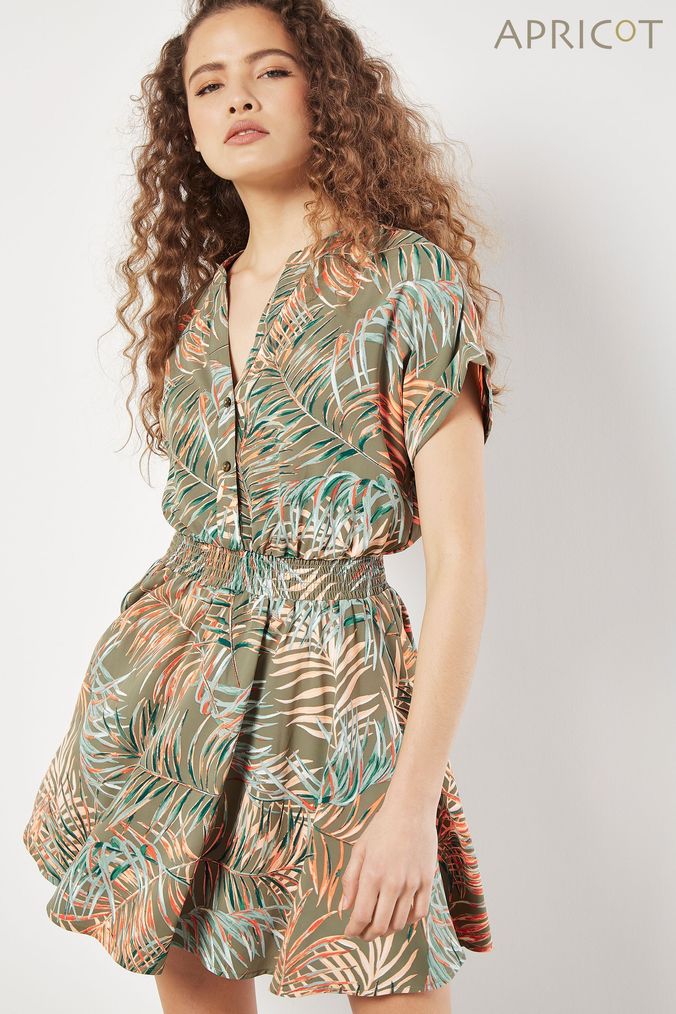 Apricot floral leaf check skater dress hot sale