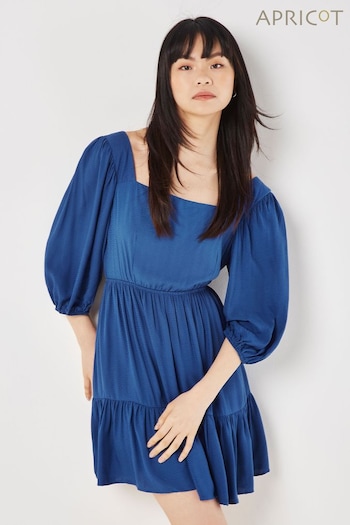 Apricot Blue Square Neck Puff Sleeve Chevron Dress (E06209) | £36