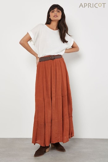 Apricot Red Slub Shimmer Belt Maxi Skirt (E06219) | £35