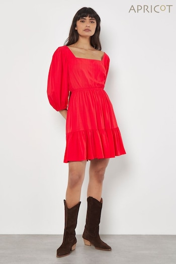 Apricot Red Square Neck Puff Sleeve Chevron Dress (E06238) | £36