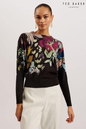 Ted Baker Magarit Pleated Long Sleeve Printed Black Sweater (E06256) | £135