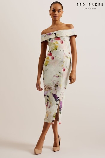 Ted Baker Merreen Scuba Floral Midi White Dress (E06278) | £165