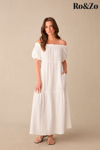 Ro&Zo Petite White Off Shoulder Cheesecloth Dress (E06294) | £89