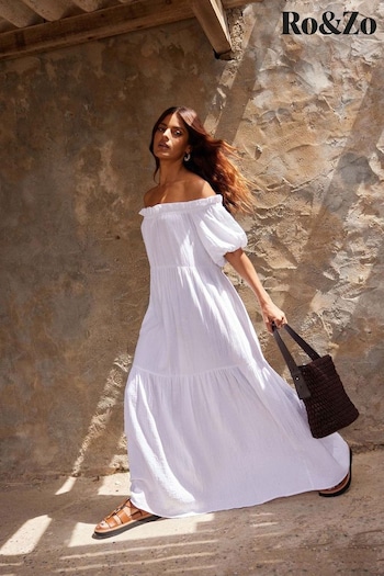 Ro&Zo White Off Shoulder Cheesecloth Dress (E06298) | £89
