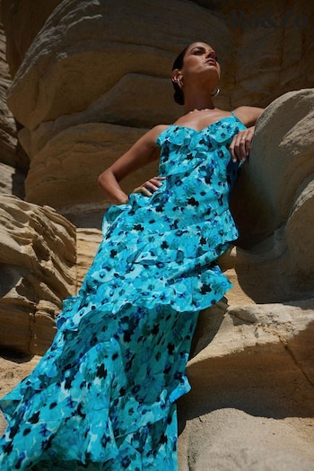 Ro&Zo Blue Kirstee Floral Print Ruffle Cami Maxi Dress (E06317) | £149
