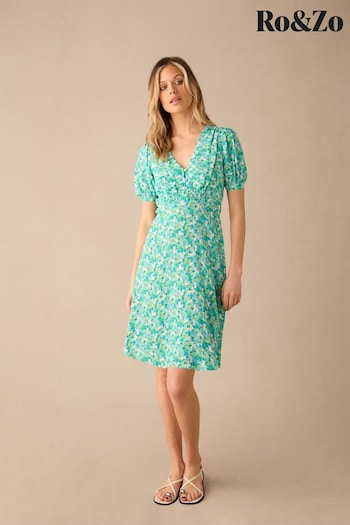 Ro&Zo Green Ditsy Shirred Shoulder Short Dress (E06321) | £79